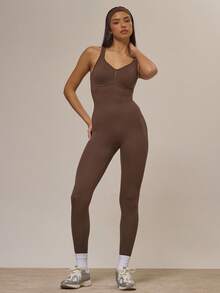 Musera Sport Cross Back Seamless Ribbed Sculpt Fitted Jumpsuit Active Sports Workout Cute Cinnamon Swirl Winter - Coffee Brown - View 4