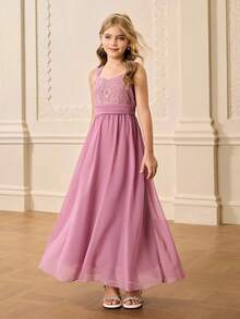 Girls' Lace Patchwork Chiffon Square Neck Wide Strap Sleeveless Dress,Dusty Pink,Summer,Elegant,Wedding Flower Girl Prom Birthday Party Graduation - Red Violet - View 4