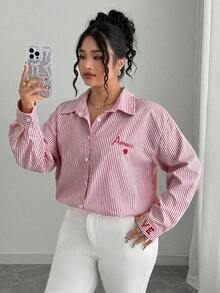 Elenzga 大码女式法式条纹刺绣心形衬衫 - 紅色 - 查看 4