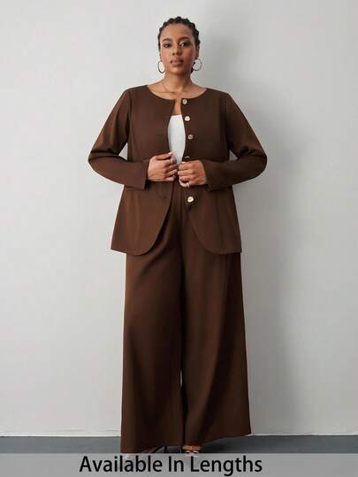SHEIN Tall CURVE Plus Size Women's Elegant Solid Color Fitted Jacket And Pants Suit Set, Chocolate Brown Modern Suiting 2 Pieces Set Autumn Winter Clothes For Women
