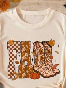 BOO Floral Halloween T-Shirt With Lettering, Ghosts, Pumpkins And Autumn Flower Embroidery Effects, White, Summer, Casual, Women's Day T-Shirt, 100% Cotton - 杏色 - 查看 3