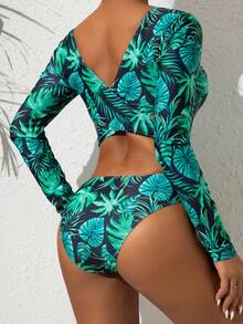 Swim SPRTY Dambaddräkt med tropiskt växtmönster, långärmad, avslappnad strandsemesteroutfit - Multifärgad - Visa 3