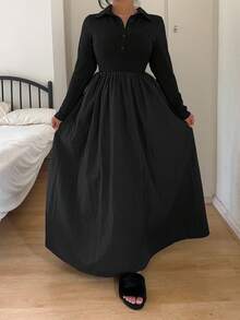 Flirla Plus Size Women's Collared Pocket Long Sleeve Ribbed Knit Jacquard Black Fitted Waist A-Line Midi Dress, Elegant Vintage Cute Casual - Black - View 2