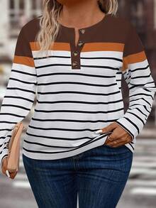 EMERY ROSE Women's Casual Colorblock Striped Print Plus Size T-Shirt, Autumn/Winter - Multicolor - View 5