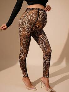 MaterniChic Autumn And Winter Maternity Fashionable Street Leopard Print Contrast Piping Adjustable High Waist Leggings - Black - View 5