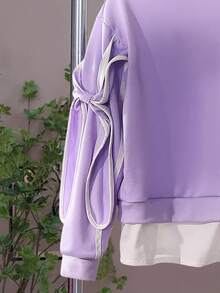 Sparklyn Girls Purple Round Neck Ribbed Cuff & Hem Design White Woven Fabric 2 In 1 Bowknot Collar Elastic Waist Wide Leg Pants 2 Pieces Set, Autumn/Winter Fall - Purple - View 6