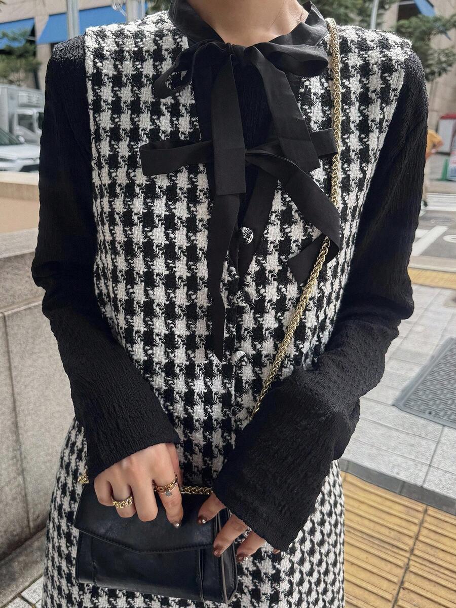 FRIFUL Women's Elegant Plaid Front Tie Sleeveless Loose Long Dress - Black and White - View 1