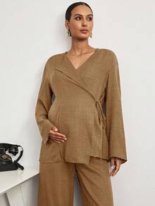 MaterniWear 纯色长袖上衣和阔腿裤孕妇两件套阔腿裤套装棕色两件套女式2件亚麻套装女式孕妇装两件套舒适两件套 - 黃色 - 查看 5