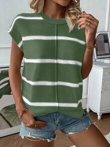 EMERY ROSE 女士休闲宽松圆领落肩无袖针织背心，时尚条纹拼布套头毛衣背心，适合秋冬季