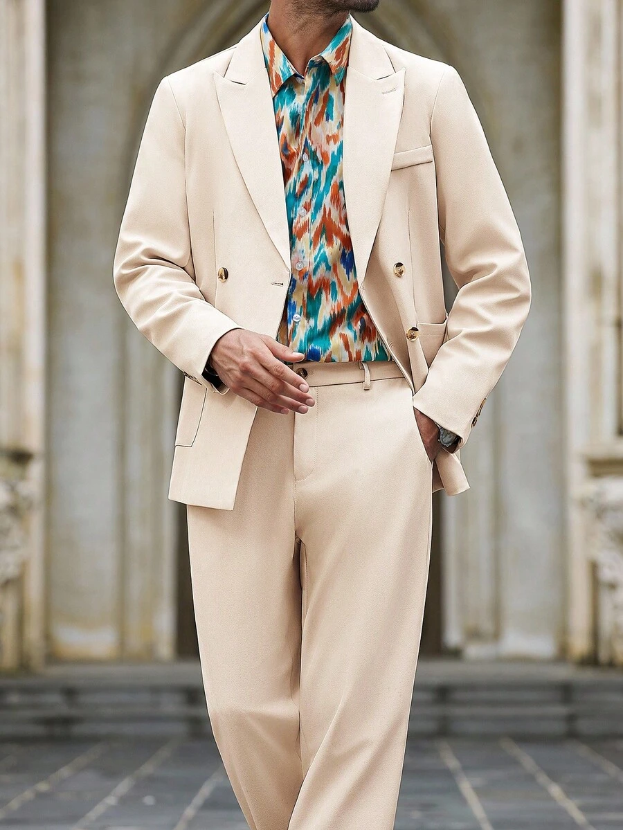 Manfinity Bizformal 男士米色带口袋商务西装套装 - 杏色 - 查看 1