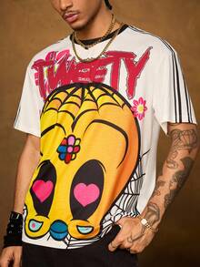 LOONEY TUNES X SHEIN 男士夏季字母卡通图案圆领短袖T恤 - 白色 - 查看 4