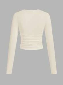 SHEIN EZwear 3pcs/Set Women's Casual Solid Color Crew Neck Ruched Long Sleeve T-Shirts, Autumn/Winter