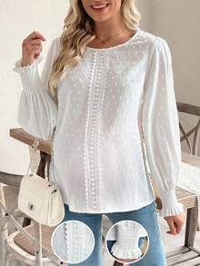 SHEIN Áo bà bầu tay dài viền ren tối giản màu trơn - trắng - Xem 1