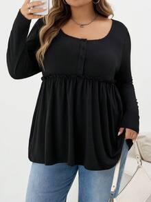 SHEIN CURVE+ 大码女式黑色方领荷叶边下摆长袖 T 恤，秋冬 - 黑色 - 查看 3