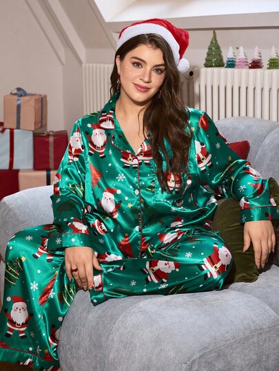 Chillnights Plus Size Chillnights Christmas Santa Claus Contrast Color Print Satin Pajama Set, Christmas Clothes, Christmas Gift, Fall Clothes