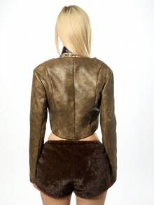 SUMWON WOMEN Women Cropped Studded Distressed Faux Leather Jacket Vintage Western Biker Punk Rock Fashion Streetwear Fall Winter Outerwear Zip Front - Brown - View 2