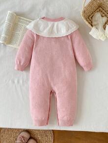 SHEIN Baby Girl Contrast Color Round Neck Long Sleeve Fuzzy Ball Decor Ruffle Casual Sweater Romper Fall Winter - Dusty Pink - View 2
