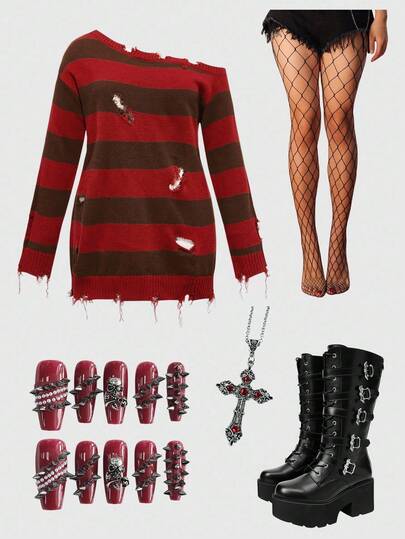 ROMWE Avant Pull col rond style gothique Halloween, rayures colorées et détails délavés, grande taille