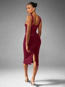 MISSGUIDED Luxurious Scoop Neck Bandage Midi Dress Elegant Form Fitting Business Evening Party Special Occasion Office Holiday Wedding Guest Winter Fall - Burgundy - View 2