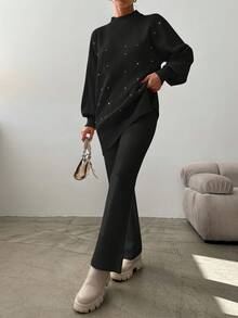 EURMUSE Dot Pattern Lantern Sleeve Sweater & Knit Pants - Black - View 4