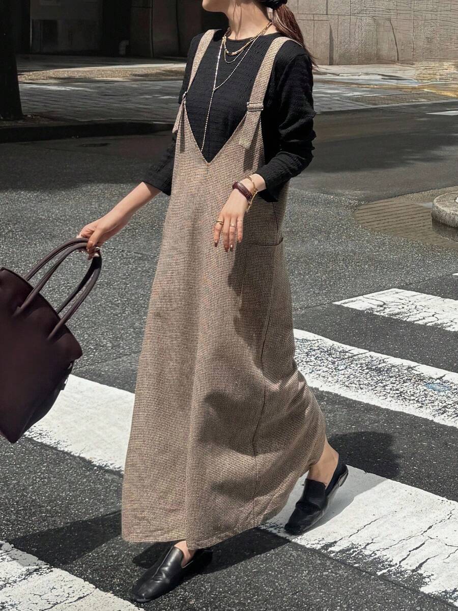 FRIFUL Vestido holgado de mujer a cuadros con tirantes, vestido maxi - Gris - Ver 1