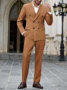 Manfinity Bizformal Completo da uomo composto da giacca doppiopetto a maniche lunghe con collo a revers e pantaloni, in tinta unita, per l'ufficio