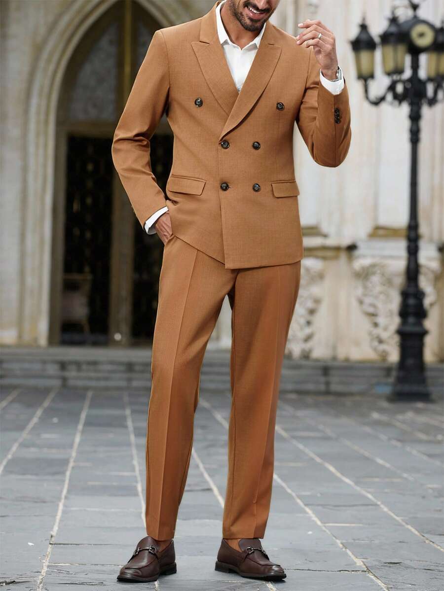 Manfinity Bizformal Completo da uomo composto da giacca doppiopetto a maniche lunghe con collo a revers e pantaloni, in tinta unita, per l'ufficio