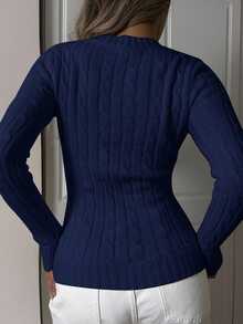 SHEIN EZwear 女士休闲骑士图案修身毛衣，秋冬 - 藏蓝色 - 查看 2