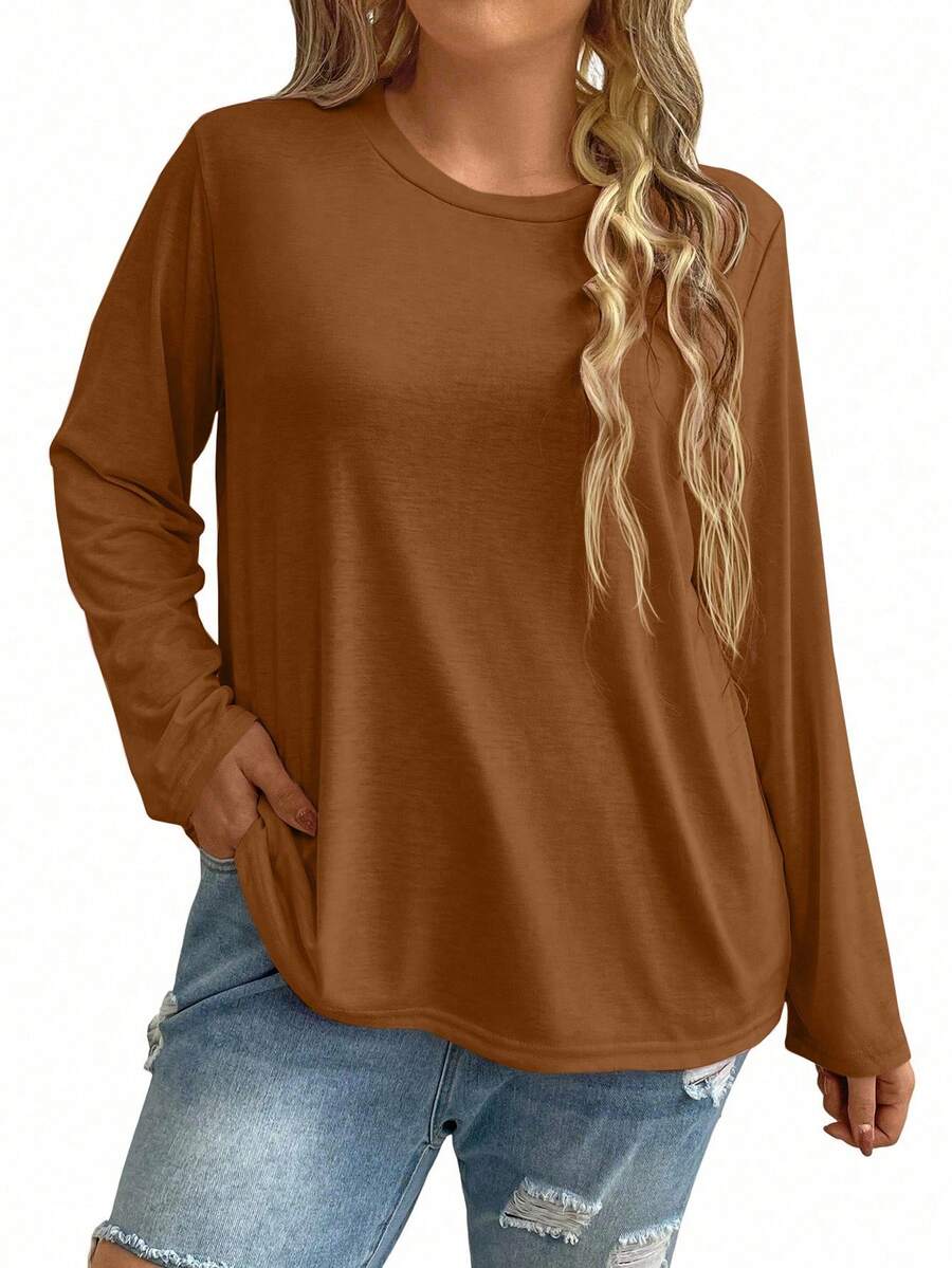 EMERY ROSE Plus Size Women Crew Neck Long Sleeve Loose Casual Top, Brown/Khaki Tee Shirt - Brown - View 1