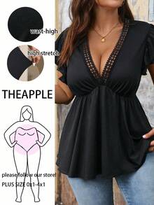 EMERY ROSE Plus Size Women's Summer Solid Color Stitching Lace Short Flutter Sleeve Top With Ruffled Hem