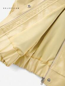 LYSMO SELECTION 2025 New Arrive Minimalism Fall Women's Butter Yellow Solid Color Drop Shoulder Long Sleeve Zipper Front PU Leather Casual Bomber Jacket Women For Going Out Outfits, Graduation, Grunge And Punk Chic, Vintage Chic Back To School, Homecoming, 2000s Style, Y2K Clothes Women, Streetwear