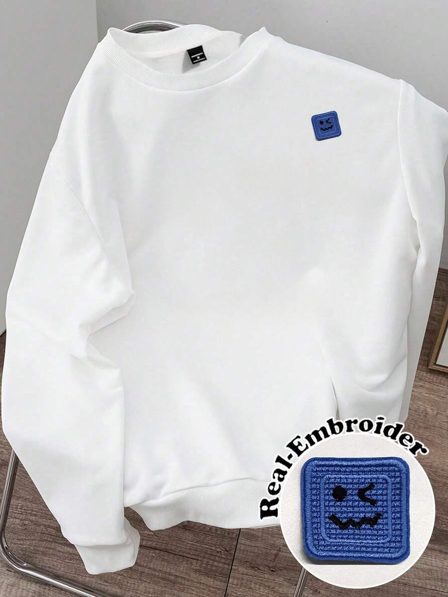 Manfinity Joysei Men Fashionable Casual Young Casual Funny Cartoon Embroidered Oversized Loose Drop Shoulder Crew Neck Pullover Fleece Sweatshirt, Suitable For Autumn/Winter, Dating, Gathering, Suitable For Couples, Family Matching, Great Gift For Boyfriend