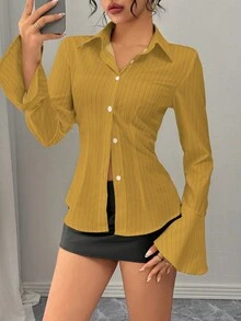 Chiquease Women's Casual Elegant Daily Versatile Cinched Waist Bell Sleeve White Striped Shirt, Autumn/Winter