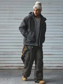 AXEPEAK 男士时尚百搭连帽夹克，冬季 - 灰色 - 查看 4