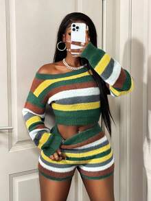 SHEIN BamGlam Women's Sweater Set, Multicolor Striped Long Sleeve Loose Crew Neck Top And Bodycon Shorts, Retro Casual Minimalist Knit 2-Piece Outfit - Multicolor - View 4