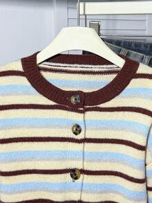 Tween Girl Colorblock Striped Casual Cardigan, Suitable For Home, Outings, Gatherings, Back To School Winter Christmas Halloween Cardigan Sweater Autumn Fall Jumper - Multicolor - View 4