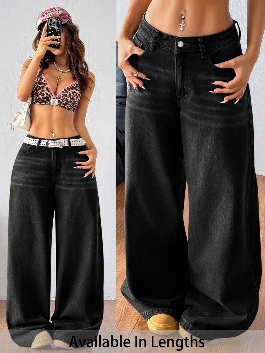 SHEIN PETITE CURVE 加猫须阔腿牛仔裤（无腰带） - 黑色 - 查看 1