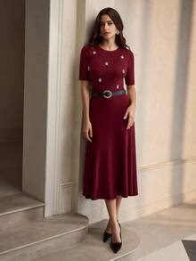 ZEYLAH 2pcs Set: Rhinestone Embellished Crew Neck Top & Skirt, Elegant Autumn/Winter - Burgundy - View 7