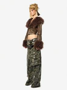 SUMWON WOMEN Women's Cropped Leather Jacket With Fur Trim Collar And Cuffs Punk Rock Festival Fashion Winter Outerwear Distressed Brown Biker Style - Brown - View 7