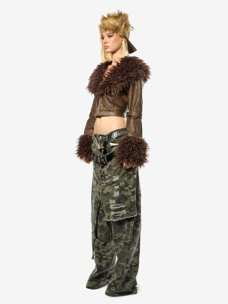 SUMWON WOMEN Giacca in pelle corta con dettagli in pelliccia