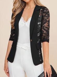 Amorya Áo khoác blazer mỏng phối ren trơn màu thanh lịch dành cho nữ mùa thu/đông - màu đen - Xem 3