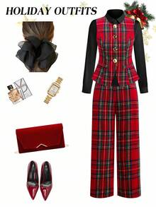 Ellevyn 女士圆领无袖红色格子开衫背心和直筒裤优雅装扮，适合日常穿着、节日、秋冬、圣诞节，两件套 - 彩色 - 查看 17