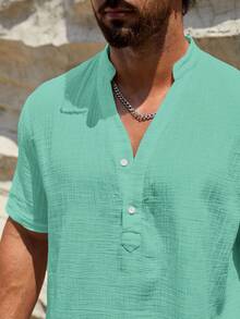 Manfinity NXTstreet Men's Simple Solid Color Textured Button Half-Placket Short Sleeve Shirt, Summer - Cadet Blue - View 4