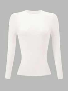 INAWLY Kaos Wanita Lengan Panjang Warna Beige Polos Model Kerah Bulat Pas Badan untuk Musim Gugur - Krem - View 3