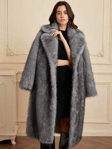 GENKIRA Chic Faux Fur Collar Long Jacket, Sophisticated Design, Minimalist & Elegant, Oversized, Women Outerwear - Dark Grey - View 7