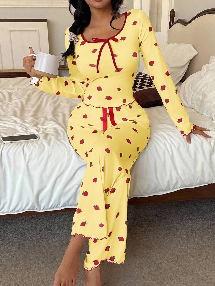 SHEIN Strawberry Print Long Sleeve Top & Pants Pajama Set, Fall Winter Clothes - Yellow - View 1