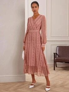 Lilora Vestido Casual Feminino de Manga Longa com Decote em V e Estampa, Comprimento Médio - Rosa Bebê - Visão 5