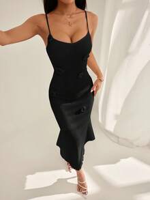 SHEIN PETITE Women's Solid Color Spaghetti Strap Fitted Dress With Ruffle Hem And 3D Floral Decor - Black - View 3