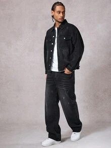 DAZY Men's Black Washed Distressed Jacket Set, Autumn