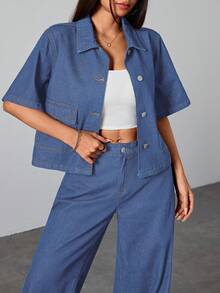 SHEIN 少女纯色水洗深蓝色牛仔衬衫翻领短袖上衣夏季牛仔办公室装学院风女孩秋季衬衫，开学女孩上衣，适合学校、返校节 - 中等水洗藍 - 查看 5